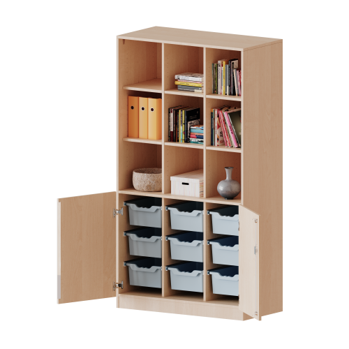 ErgoTray Kombi-Schrank, dreireihig, 5 Ordnerhöhen - evo180 Serie B/H/T: 104,5x190x50 cm, unten 2 OH Türen und 9 hohe ErgoTray Boxen, oben 3 OH Regal, Sockel, 2 Mittelwände