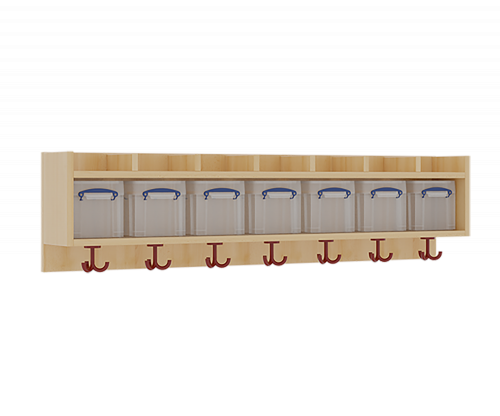 einfache Garderobenablage B/H/T: 140x34,5x27 cm, oben 7 flache, nach oben offene Ablagen, darunter 7 Kunststoffboxen mit Deckel, unten 3fach-Haken