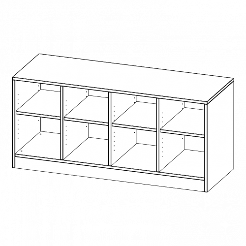 Regal, vierreihig, 1 Ordnerhöhe - evo180 Serie B/H/T: 138,7x64x50 cm (1,5 Ordnerhöhen), mit Sockel (81 mm) und Mittelwand, ohne Boxen, 4 Einlegeböden