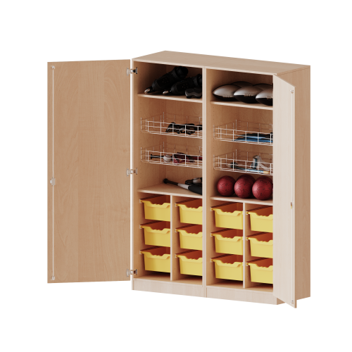 Sportschrank, 5 Ordnerhöhen - Serie evo180 Breite 140,6 cm, Gesamthöhe 190 cm, 4 Ballkörbe, 12 hohe ErgoTray Boxen, mit Sockel (81 mm) Sportschrank, 5 Ordnerhöhen - Serie evo180 Breite 140,6 cm, Gesamthöhe 190 cm, 4 Ballkörbe, 12 hohe ErgoTray Boxen, mit Sockel (81 mm)