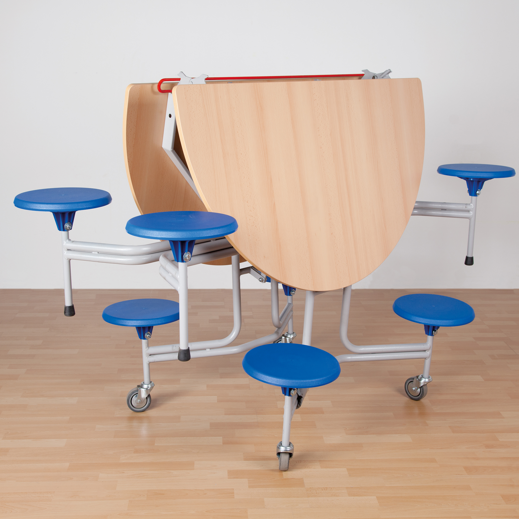 Spaceflex 2.0 Klapptisch mit integrierten Stühlen, melaminbeschichtete Spanplatte, rund B/H/T: 153x74x136 cm, 8 Sitze Farbe Rot, Sitzhöhe 38 cm