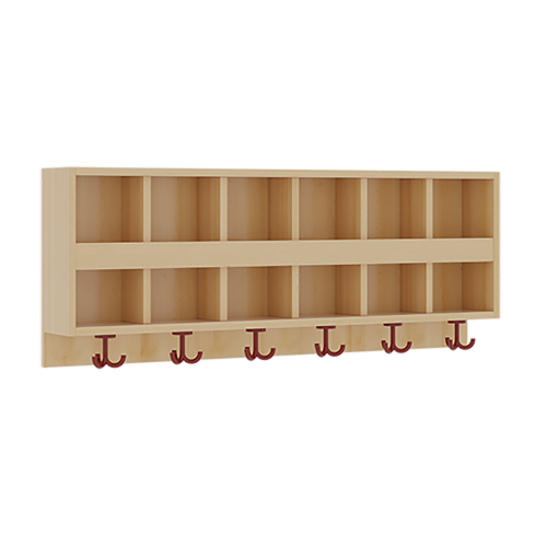 doppelte Garderobenablage mit Blende B/H/T: 120x46x20 cm, aus feuerhemmendem Material, 2x6 Fächer und Blende, 6 St. 3fach-Haken, oben offene Unterteilungen