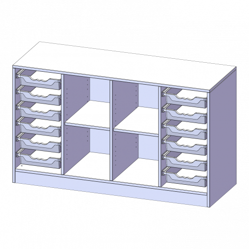 ErgoTray Regal, vierreihig, 2 Ordnerhöhen - evo180 Serie B/H/T: 138,7x82x50 cm, mit Sockel (81 mm), rechts und links je 6 flache ErgoTray Boxen, in der Mitte 4 offene Fächer