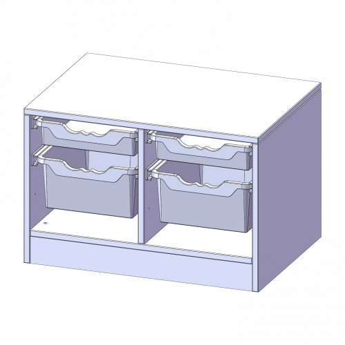 ErgoTray Regal, zweireihig, 1 Ordnerhöhe - evo180 Serie B/H/T: 70,3x46x50 cm, mit Sockel (81 mm), 2 flache und 2 hohe ErgoTray Boxen