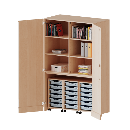 Garagenschrank ohne Sockel, 5 Ordnerhöhen - Serie evo180 B/H/T: 120x190x60 cm, 3 Container mit je 6 flachen ErgoTray Boxen