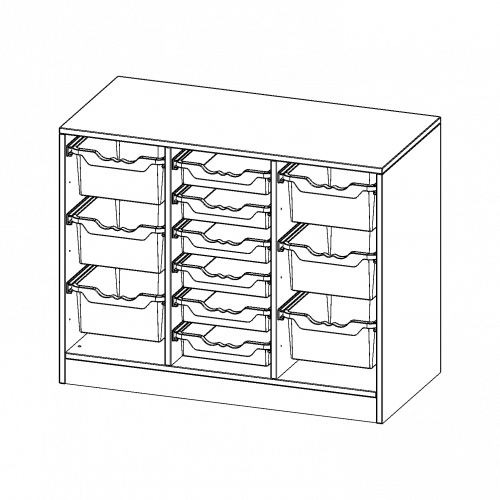 ErgoTray Regal, dreireihig, 2 Ordnerhöhen - evo180 Serie B/H/T: 104,5x82x50 cm, mit Sockel (81 mm), rechts und links je 3 hohe, in der Mitte 6 flache ErgoTray Boxen