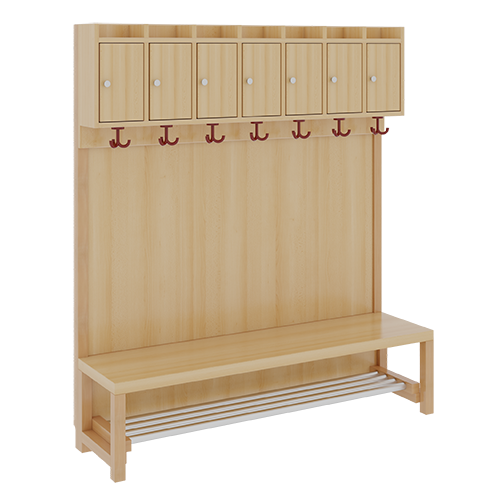 Komplettgarderobe mit Ablagen und Türen B/H/T: 140x158x39 cm, 7 Plätze, Sitzhöhe: 26 cm, Stütze mit Paneelrückwand, mit Schuhrost aus Aluminiumrohren