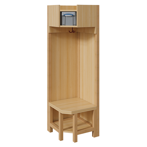 Garderoben-Innenecke, für einfache Ablage inklusive Box B/T: 47x47 cm, Stützen über Eck mit Paneelrückwänden in Buche-hell, Schuhablage