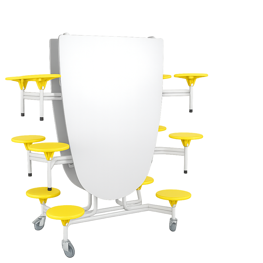Spaceflex 2.0 Klapptisch mit integrierten Stühlen, oval, Vollkernplatte "PowerSurf" B/H/T: 305x74x107 cm, 12 Sitze Farbe Gelb, Sitzhöhe 46 cm