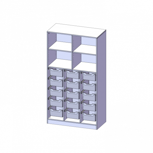 ErgoTray Regal, dreireihig, 5 Ordnerhöhen - evo180 Serie B/H/T: 104,5x190x50 cm, mit Sockel (81 mm), unten 15 hohe ErgoTray Boxen, oben 2 Einlegeböden
