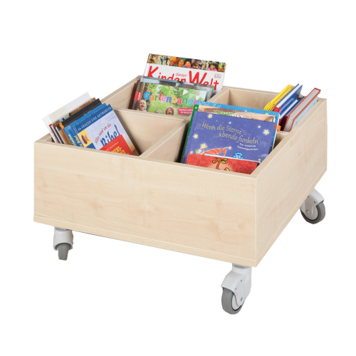 Bücherkiste CuBe, 4 Fächern auf der Oberseite, fahrbar B/H/T: 60x35x60 cm Bücherkiste CuBe, 4 Fächern auf der Oberseite, fahrbar B/H/T: 60x35x60 cm