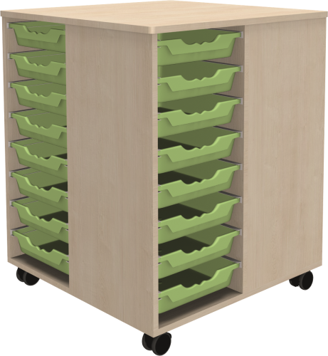 Spielinsel A-Toll Maxi, mit 32 flachen Ergo Tray Boxen, fahrbar B/H/T: 75x100x75 cm, Korpusdekor und Farbe der Boxen nach Wahl Spielinsel A-Toll Maxi, mit 32 flachen Ergo Tray Boxen, fahrbar B/H/T: 75x100x75 cm, Korpusdekor und Farbe der Boxen nach Wahl
