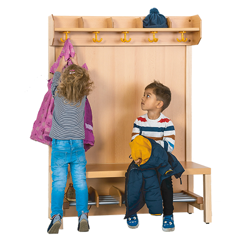 Komplettgarderobe mit offener Ablagereihe offene Stütze in Buche-massiv, Aluminiumrost, wahlweise Facheinteilung, T: 39 cm