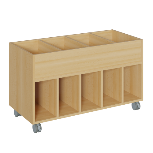 Büchertrog, 4+5 Fächer, fahrbar B/H/T: 110x64x50 cm, mit 4 großen Fächern oben und 5 senkrechten Fächern unten Büchertrog, 4+5 Fächer, fahrbar B/H/T: 110x64x50 cm, mit 4 großen Fächern oben und 5 senkrechten Fächern unten