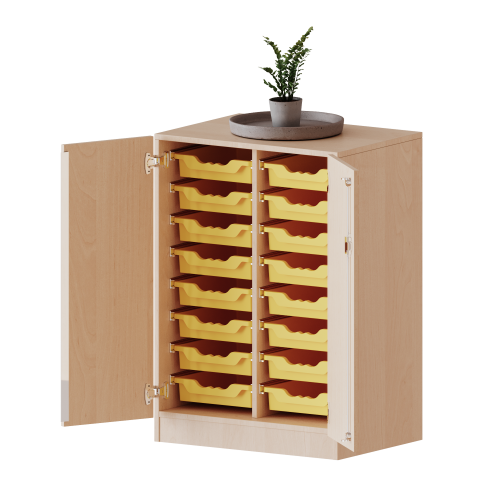 ErgoTray Schrank, zweireihig, 2,5 Ordnerhöhen - evo180 Serie Breite 70,3 cm, Gesathöhe 100 cm, zweitürig, mit Sockel, mit 16 flachen ErgoTray Boxen, B/H/T: 70,3x100x50 cm