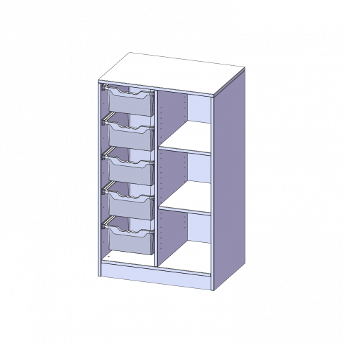 ErgoTray Regal, zweireihig, 3 Ordnerhöhen - evo180 Serie B/H/T: 70,3x118x50 cm, mit Sockel (81 mm), rechts 3 Fächer, links 5 hohe ErgoTray Boxen