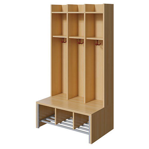Spindgarderobe offen Bank, Schuhrost, 3fach-Haken, H/T: 160x55 cm Spindgarderobe offen Bank, Schuhrost, 3fach-Haken, H/T: 160x55 cm