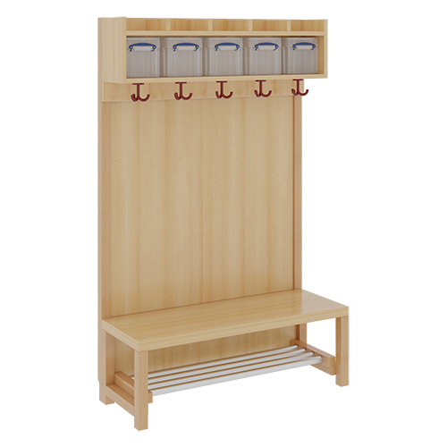 Komplettgarderobe mit einfacher Ablage inklusive Boxen B/H/T: 100x158x39 cm, 5 Plätze, Sitzhöhe: 42 cm, Stütze mit Paneelrückwand, mit Schuhrost aus Aluminiumrohren