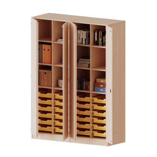 ErgoTray Schrank, zweiteilig, vierreihig, 5 Ordnerhöhen - evo180 Serie B/H/T: 140,6x190x50 cm, viertürig, zweiteilig, mit Sockel (81 mm), mit 2 Mittelwänden, mit 24 flachen ErgoTray Boxen