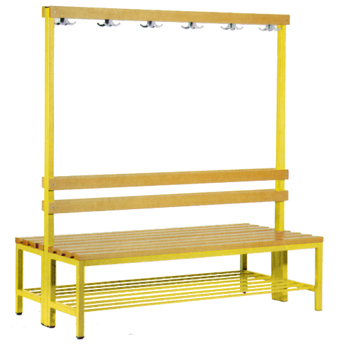 Umkleidebank, 6 Kleiderhaken, doppelseitige Sitzbank B/H/T: 150x150x73 cm, Sitzhöhe: 45 cm, wahlweise mit Schuhrost