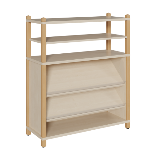 Stollen-Regal mit 2 unteren Schrägablagen B/H/T: 106x120x40 cm, 3 weitere Fächer,  oben offener Regalaufsatz mit 1 Einlegeboden