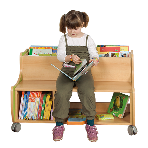 Bücherwagen mit 6+3 Fächern und Sitzfläche B/H/T: 104x63x73 cm, Sitzhöhe: 38 cm, formschöne Seitenwangen Bücherwagen mit 6+3 Fächern und Sitzfläche B/H/T: 104x63x73 cm, Sitzhöhe: 38 cm, formschöne Seitenwangen