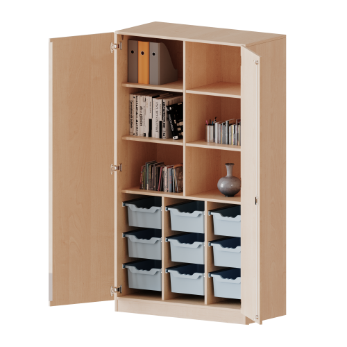 ErgoTray Schrank, dreireihig, 5 Ordnerhöhen - evo180 Serie B/H/T: 104,5x190x50 cm, zweitürig, mit Sockel (81 mm), mit Mittelwand, mit 9 hohen ErgoTray Boxen