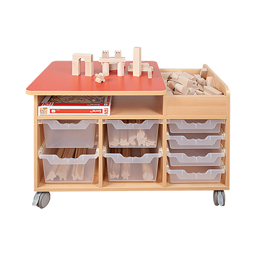 Bau-und Konstruktionswagen mit Linoleumoberfläche B/H/T: 108,5x60x60 cm, inkl. 8 ErgoTray Kunststoffboxen Bau-und Konstruktionswagen mit Linoleumoberfläche B/H/T: 108,5x60x60 cm, inkl. 8 ErgoTray Kunststoffboxen