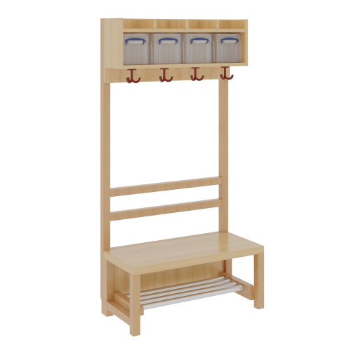 Komplettgarderobe mit einfacher Ablage inklusive Boxen offene Stütze in Buche-massiv, Aluminiumrost, wahlweise Facheinteilung, T: 39 cm