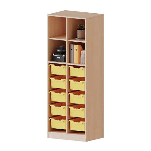 ErgoTray Regal, zweireihig, 5 Ordnerhöhen - evo180 Serie Breite 70,3 cm, Gesamthöhe 190 cm, mit Sockel (81 mm) und Mittelwand, unten 10 hohe ErgoTray Boxen, oben 2 Einlegeböden