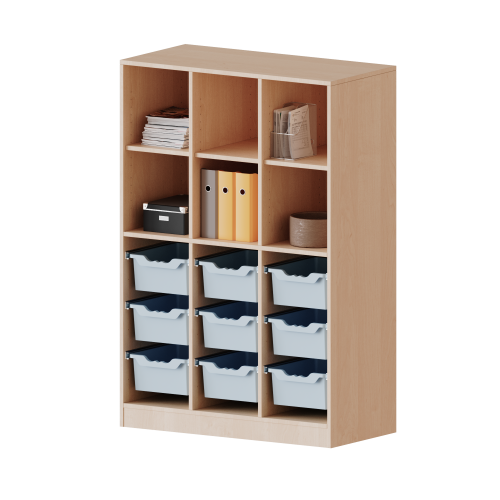 ErgoTray Regal, dreireihig, 4 Ordnerhöhen - evo180 Serie Breite 104,5 cm, Gesamthöhe 154 cm, mit Sockel, unten 9 hohe, oben 6 Fächer ErgoTray Regal, dreireihig, 4 Ordnerhöhen - evo180 Serie Breite 104,5 cm, Gesamthöhe 154 cm, mit Sockel, unten 9 hohe, oben 6 Fächer