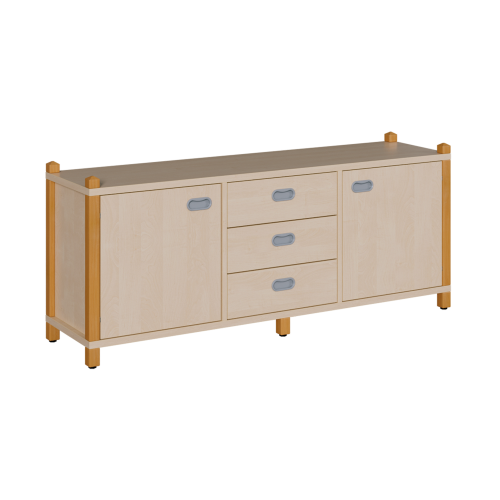 Stollen-Raumteilerschrank, dreireihig B/H/T: 156x60x40 cm, mit 2 Mittelwänden, Ausstattung (v.l.n.r.): Tür - 3 Schübe  - Tür, je Türsegment 1 Einlegeboden