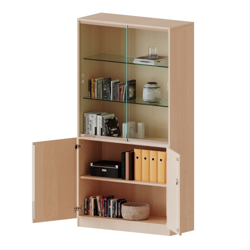 Kombischrank, 5 Ordnerhöhen, Drehtüren unten (2 OH), Glasschiebetüren oben (3 OH) - Serie evo180 Breite 100 cm, Gesamthöhe 190 cm, alle Türen abschließbar, mit Sockel (81 mm)