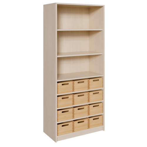 Korpus-Regal mit Materialkästen und offenen Fächern B/H/T: 78x180x40 cm, unten mit 12 Massivholz-Kästen (ohne Sichtfenster), oben Regal mit 3 Fächern