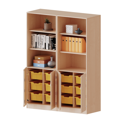 ErgoTray Kombi-Schrank, vierreihig, zweiteilig, 5 Ordnerhöhen - evo180 Serie B/H/T: 140,6x190x50 cm, unten 2 OH Türen und 12 hohe ErgoTray Boxen, oben 3 OH Regal, mit Sockel (81 mm), mit Mittelwand ErgoTray Kombi-Schrank, vierreihig, zweiteilig, 5 Ordnerhöhen - evo180 Serie B/H/T: 140,6x190x50 cm, unten 2 OH Türen und 12 hohe ErgoTray Boxen, oben 3 OH Regal, mit Sockel (81 mm), mit Mittelwand