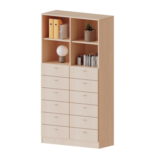 Schubladen - Kombischrank, 5 Ordnerhöhen - Serie evo180 Gesamthöhe 190 cm, 12 Schubladen unten, oben 4 offene Fächer, mit Mittelwand, mit Sockel (81 mm) Schubladen - Kombischrank, 5 Ordnerhöhen - Serie evo180 Gesamthöhe 190 cm, 12 Schubladen unten, oben 4 offene Fächer, mit Mittelwand, mit Sockel (81 mm)
