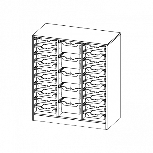 ErgoTray Regal, dreireihig, 3 Ordnerhöhen - evo180 Serie B/H/T: 104,5x118x50 cm, mit Sockel (81 mm), rechts und links je 10 flache, in der Mitte 5 hohe ErgoTray Boxen