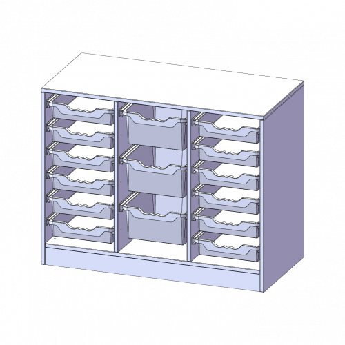 ErgoTray Regal, dreireihig, 2 Ordnerhöhen - evo180 Serie B/H/T: 104,5x82x50 cm, mit Sockel (81 mm), rechts und links je 6 flache, in der Mitte 3 hohe ErgoTray Boxen