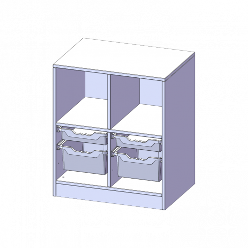 ErgoTray Regal, zweireihig, 2 Ordnerhöhen - evo180 Serie B/H/T: 70,3x82x50 cm, mit Sockel (81 mm), oben 2 Fächer, unten 2 flache und 2 hohe ErgoTray Boxen