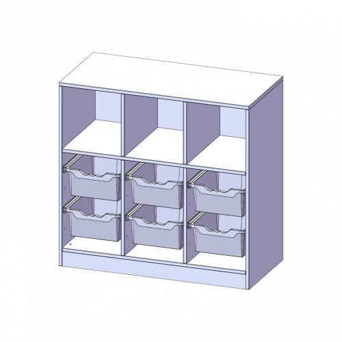 ErgoTray Regal, dreireihig, 2,5 Ordnerhöhen - evo180 Serie B/H/T: 104,5x100x50 cm, mit Sockel (81 mm), oben 3 Fächer, unten 6 hohe ErgoTray Boxen