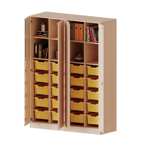 ErgoTray Schrank, zweiteilig, vierreihig, 5 Ordnerhöhen - evo180 Serie B/H/T: 140,6x190x50 cm, viertürig, zweiteilig, mit Sockel (81 mm), mit 2 Mittelwänden, mit 20 hohen ErgoTray Boxen