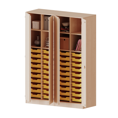 ErgoTray Schrank, zweiteilig, vierreihig, 5 Ordnerhöhen - evo180 Serie B/H/T: 140,6x190x50 cm, viertürig, zweiteilig, mit Sockel (81 mm), mit 2 Mittelwänden, mit 40 flachen ErgoTray Boxen