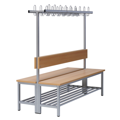 Umkleidebank doppelseitig mit Sitzfläche Melamin und Hakenleiste H/T: 45/155x73 cm, doppelseitige Sitzbank, feuerhemmend, mit Schuhrosten, Garderobenleiste mit Dreifachhaken