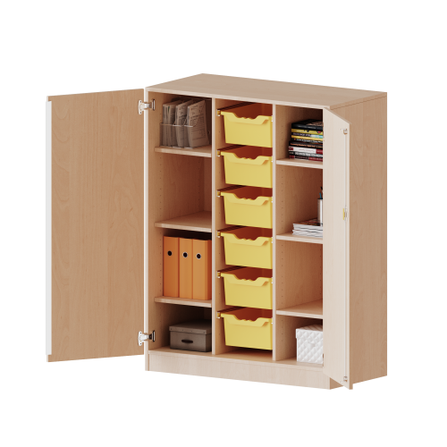 ErgoTray Schrank, dreireihig, 3,5 Ordnerhöhen - evo180 Serie B/H/T: 104,5x136x50 cm, zweitürig, mit Sockel (81 mm), mit 6 hohen ErgoTray Boxen