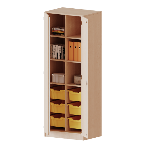 ErgoTray Schrank, zweireihig, 5 Ordnerhöhen - evo180 Serie B/H/T: 70,3x190x50 cm, zweitürig, mit Sockel (81 mm), mit Mittelwand, mit 6 hohen ErgoTray Boxen