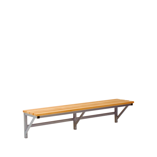 Umkleidebank zur Wandmontage mit Massivholz Sitzleisten Sitzbank wandmontiert, mit Sitz- und Rückenlehnenleisten aus Buche Massivholz, die Gestellfarbe nach RAL- Farbe ist wählbar