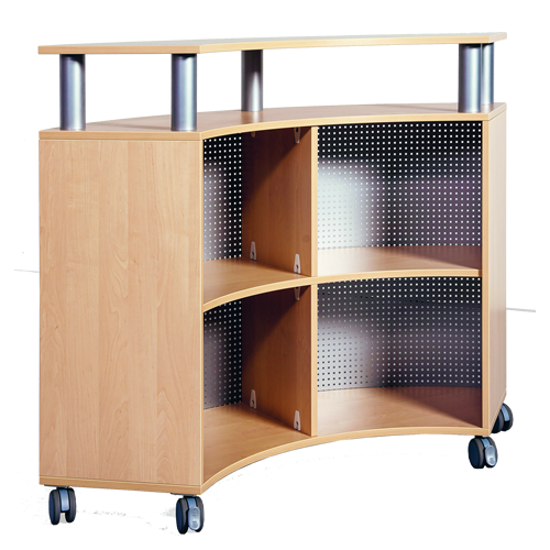 Empfangstresen B/H/T: 140x109x57 cm, aus feuerhemmendem Material - Dekor Buche, fahrbares Viertelkreisregal mit Aufsatzbord