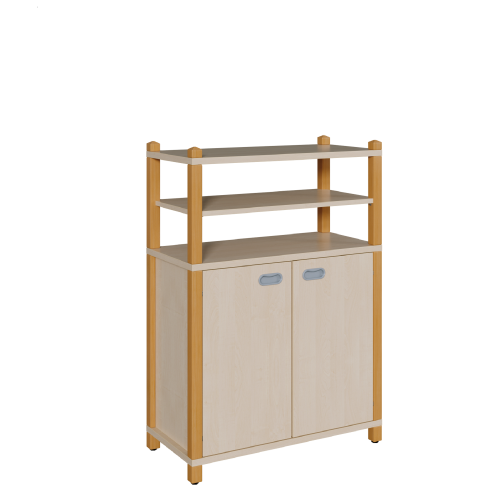 Stollen-Schrank mit 2 Türen, oben 2 offene Fächer B/H/T: 82x120x40 cm, unten 2 Türen und 2 Einlegeböden, 3 große Fächer, oben offen mit 1 Einlegeboden für 2 Fächer