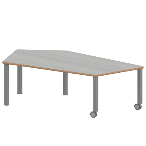 Tisch ZALOTTI mit Linoleum-Belag Fünfecktisch-groß, Stellfläche B/T: 185x104 cm, Höhen 25…76 cm, Stahlrohrbeine Ø 60 mm, Fußvariante: fahrbar