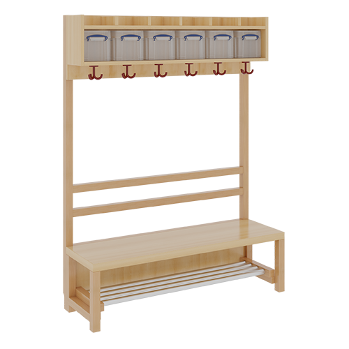 Komplettgarderobe mit einfacher Ablage inklusive Boxen B/H/T: 120x130x39 cm, 6 Plätze, Sitzhöhe: 34 cm, offene Stütze in Buche-massiv, mit Schuhrost aus Aluminiumrohren